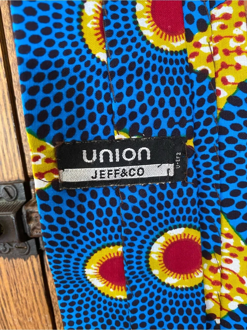 African wax circle sun print necktie tie vintage cotton blue yellow gold red